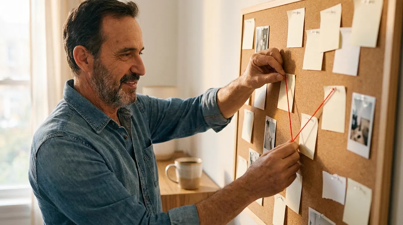 A gray-haired man holds a pushpin and stretches a red thread between two paper cards on a corkboard