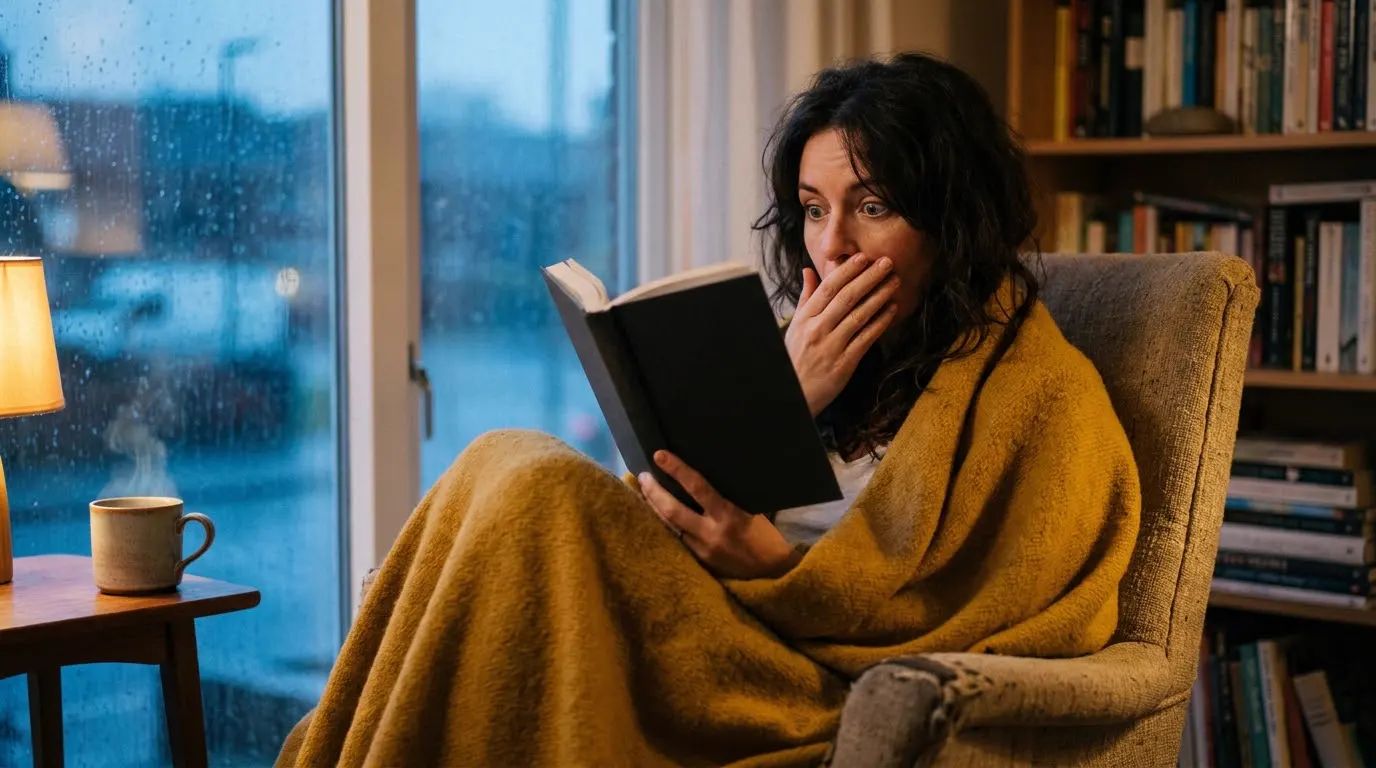 A woman wrapped in a blanket reads a book in an armchair by a rainy window, eyes wide and one hand over her mouth