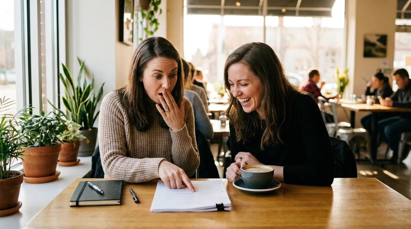 Two friends sit in a café with a printed manuscript between the cups, one with a surprised look and the other laughing
