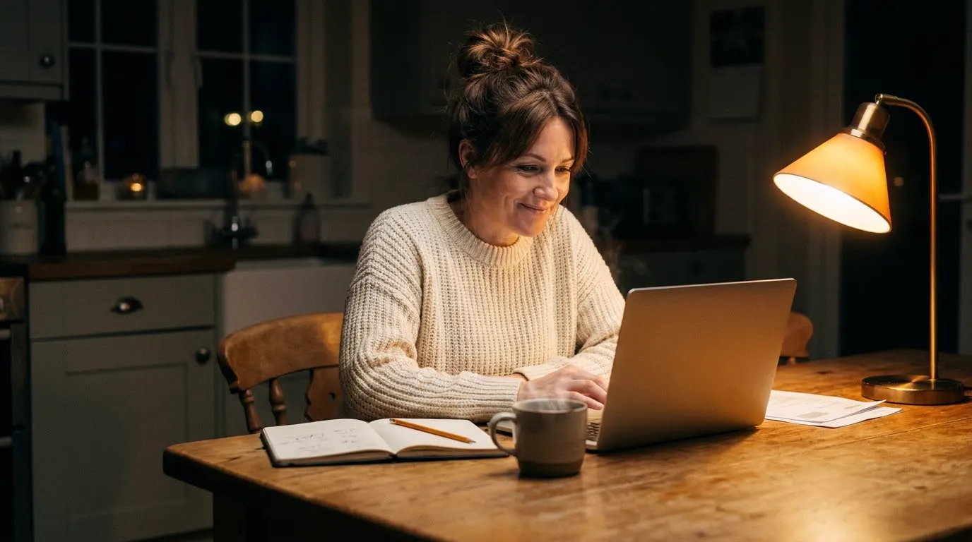 Eine Frau um die vierzig schreibt nachts am Laptop an ihrem Küchentisch, beleuchtet von einer warmen Lampe, und lächelt mit glänzenden Augen vor sich hin