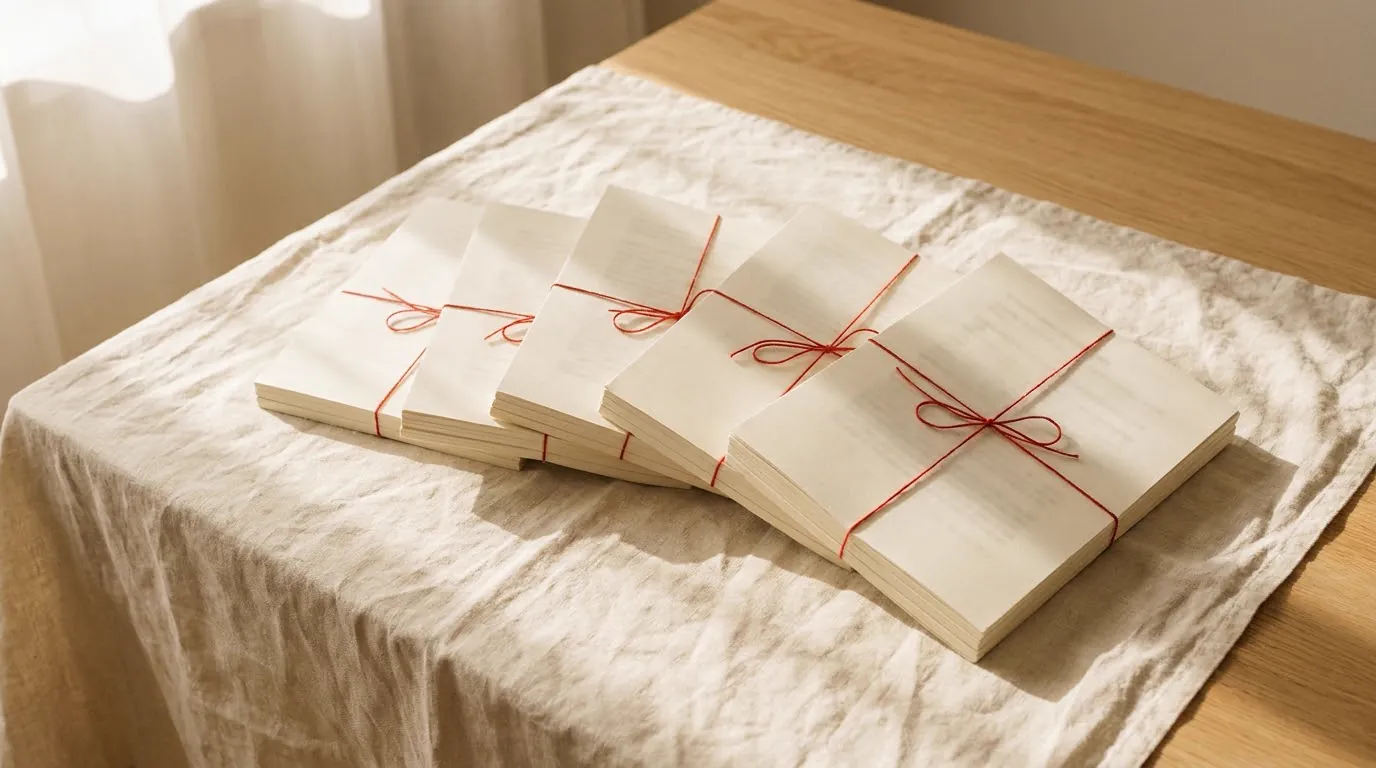 Cinque copie dello stesso manoscritto su un tavolo di lino, ognuna legata con un filo rosso