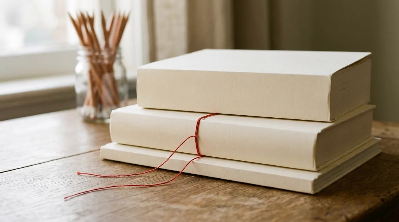 Tres libros de tapa blanda de grosores distintos apilados sobre una mesa de roble, con un hilo rojo rodeando el lomo del libro mediano