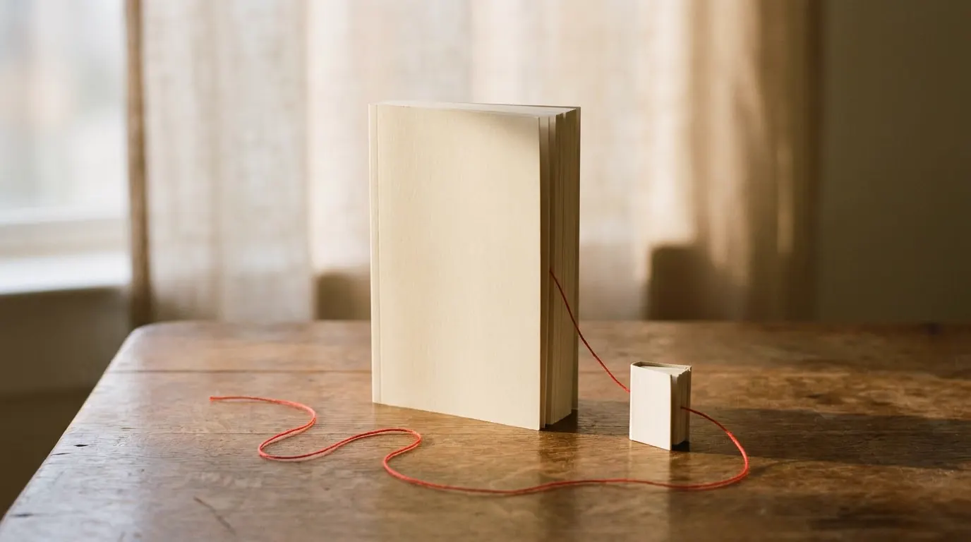 Un libro en miniatura junto a un libro de tamaño normal sobre una mesa de roble, unidos por un hilo rojo